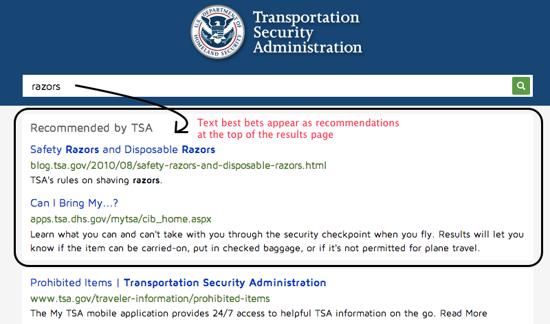 Text best bets for 'razors' on TSA.gov